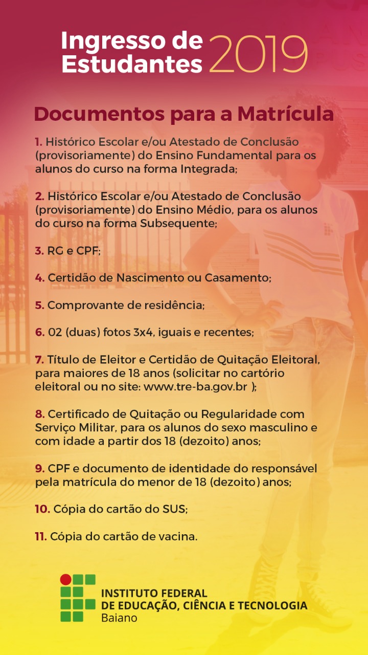 Documentos para matrícula de ingresso de estudantes 2019