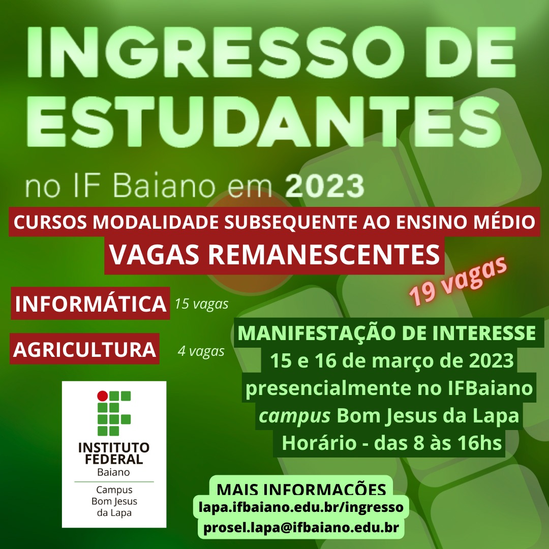 IF Baiano abre inscrições gratuitas para 7.320 vagas de cursos técnicos »  BLOG DO GUSMÃO