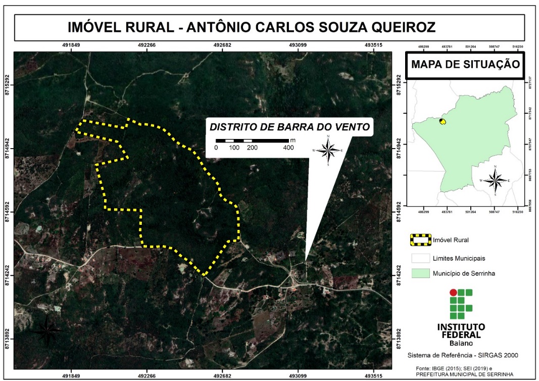 Figura 1: Limite e localização da área de estudo em relação ao município de Serrinha-BA